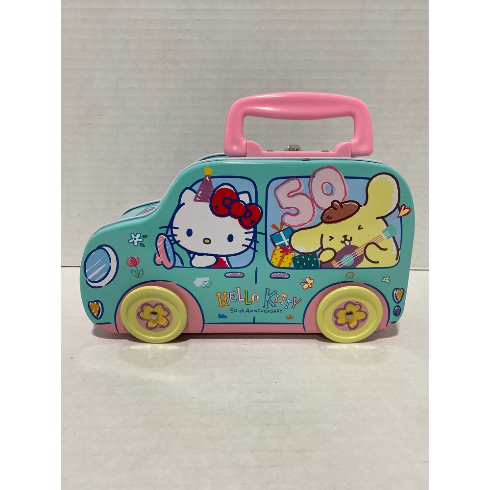 Sanrio Hello Kitty Red Sakura 50th Anniversary Tin Bus Coin Bank Teal Pink